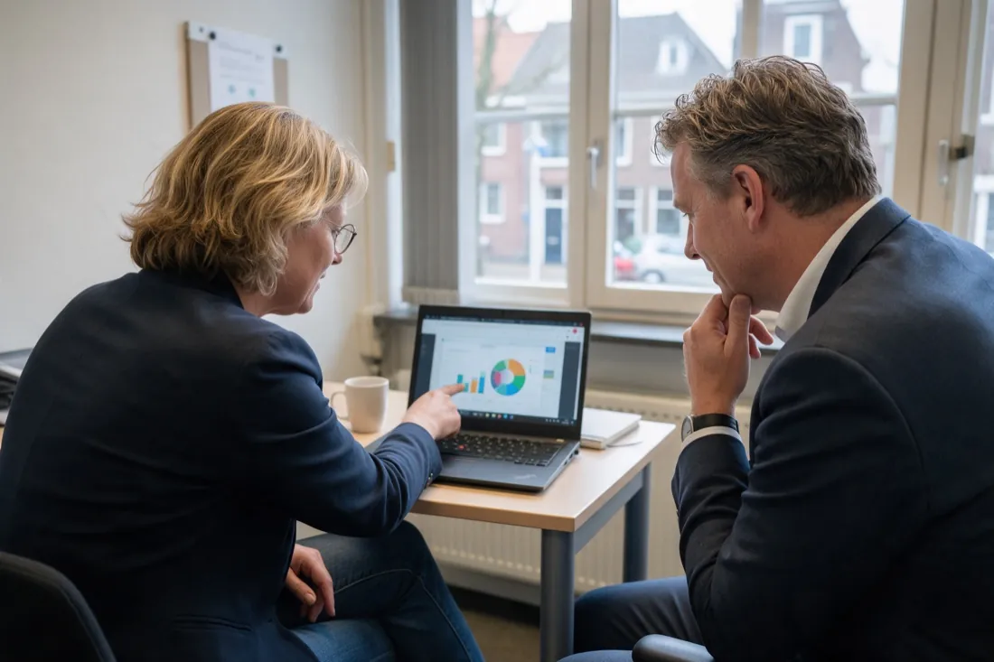 Een HR-manager en een directeur kijken samen naar de uitslag
